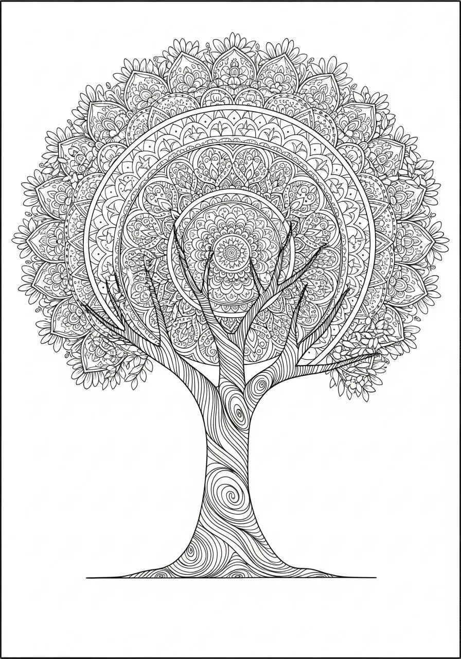 Desenho de Árvore com Padrões Intrincados para Colorir