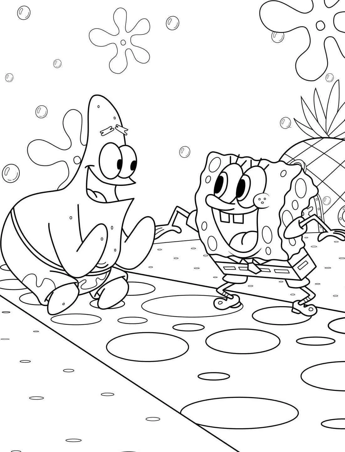 Desenho de Bob Esponja e Patrick a Brincar para Colorir