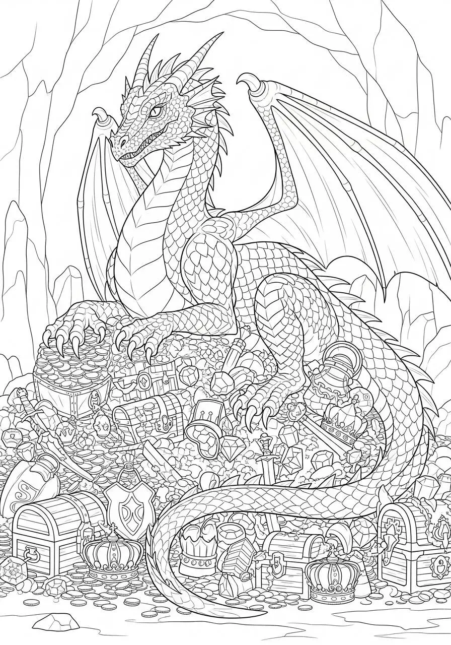 Desenho de Dragão Guardião do Tesouro em Caverna para Colorir