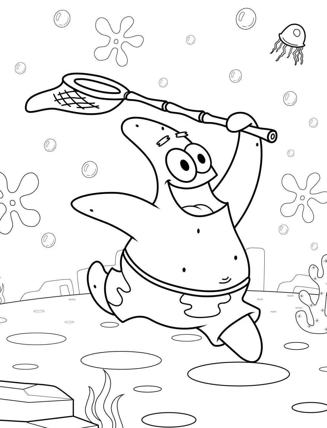 Desenho do Patrick Estrela a Caçar Alforrecas para Colorir