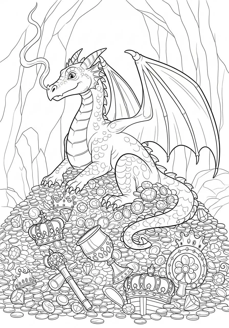 Desenho de Dragão Guardião do Tesouro em uma Caverna para Colorir