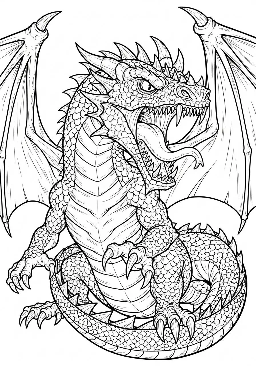 Desenho de Dragão Feroz com Asas Abertas para Colorir
