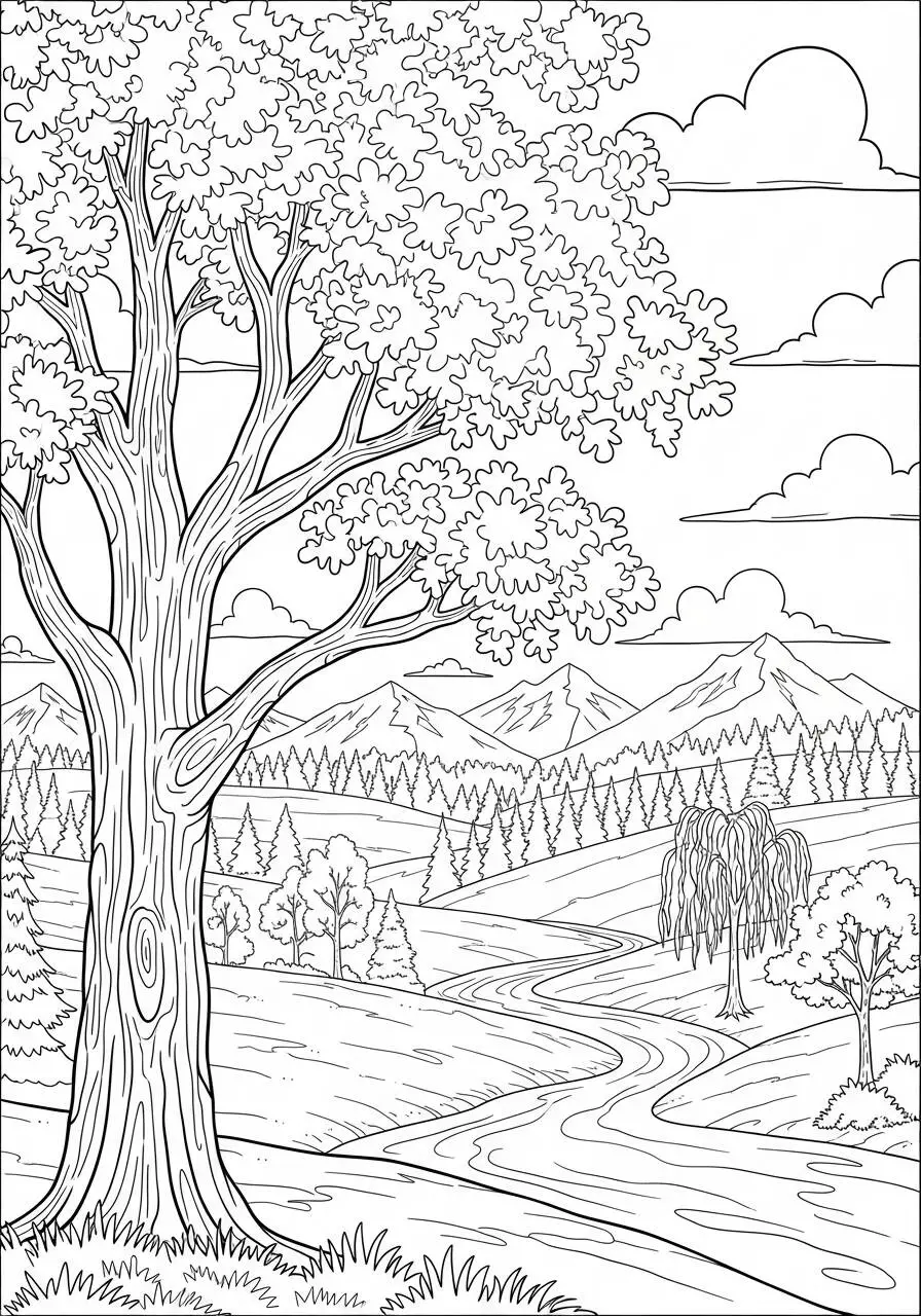 Página para colorear de gran árbol con paisaje montañoso