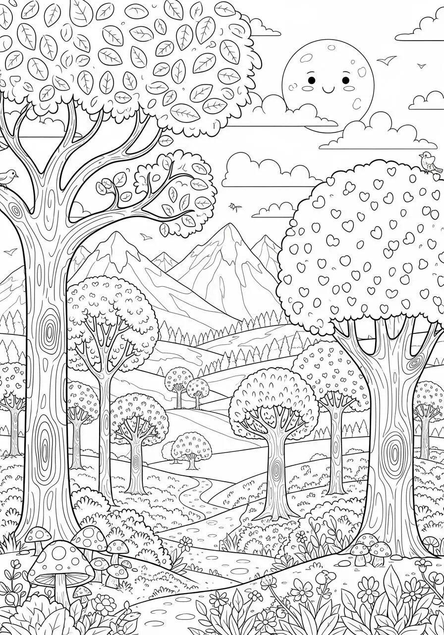 Desenho de Árvore com Montanhas e Céu para Colorir