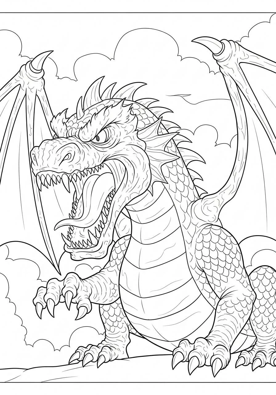 Desenho de Dragão Furioso com Asas Abertas para Colorir