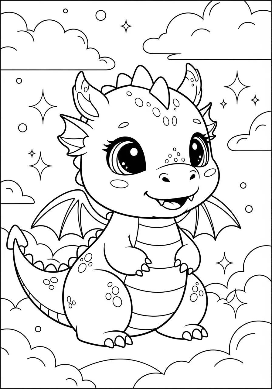 Desenho de Dragão Bebé Fofo com Asas em Nuvens para Colorir
