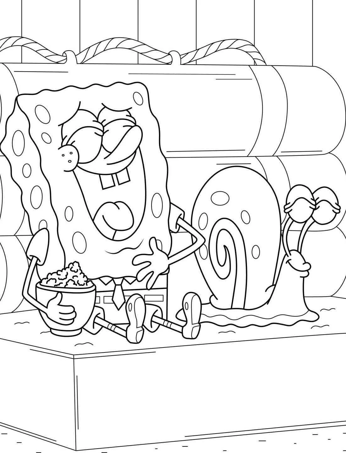 Desenho de Bob Esponja e Gary com Pipoca para Colorir