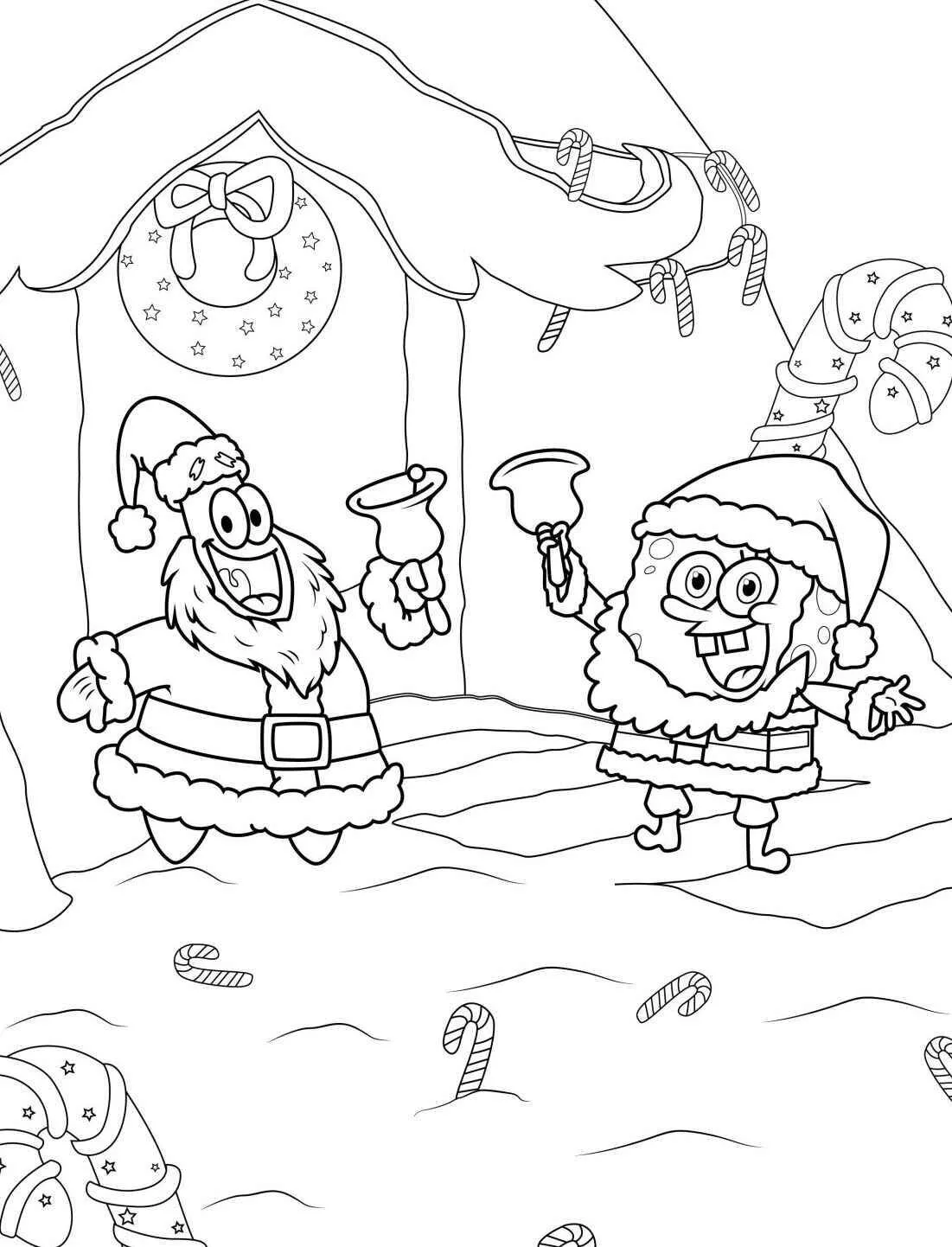 Desenho de Bob Esponja e Patrick no Natal para Colorir