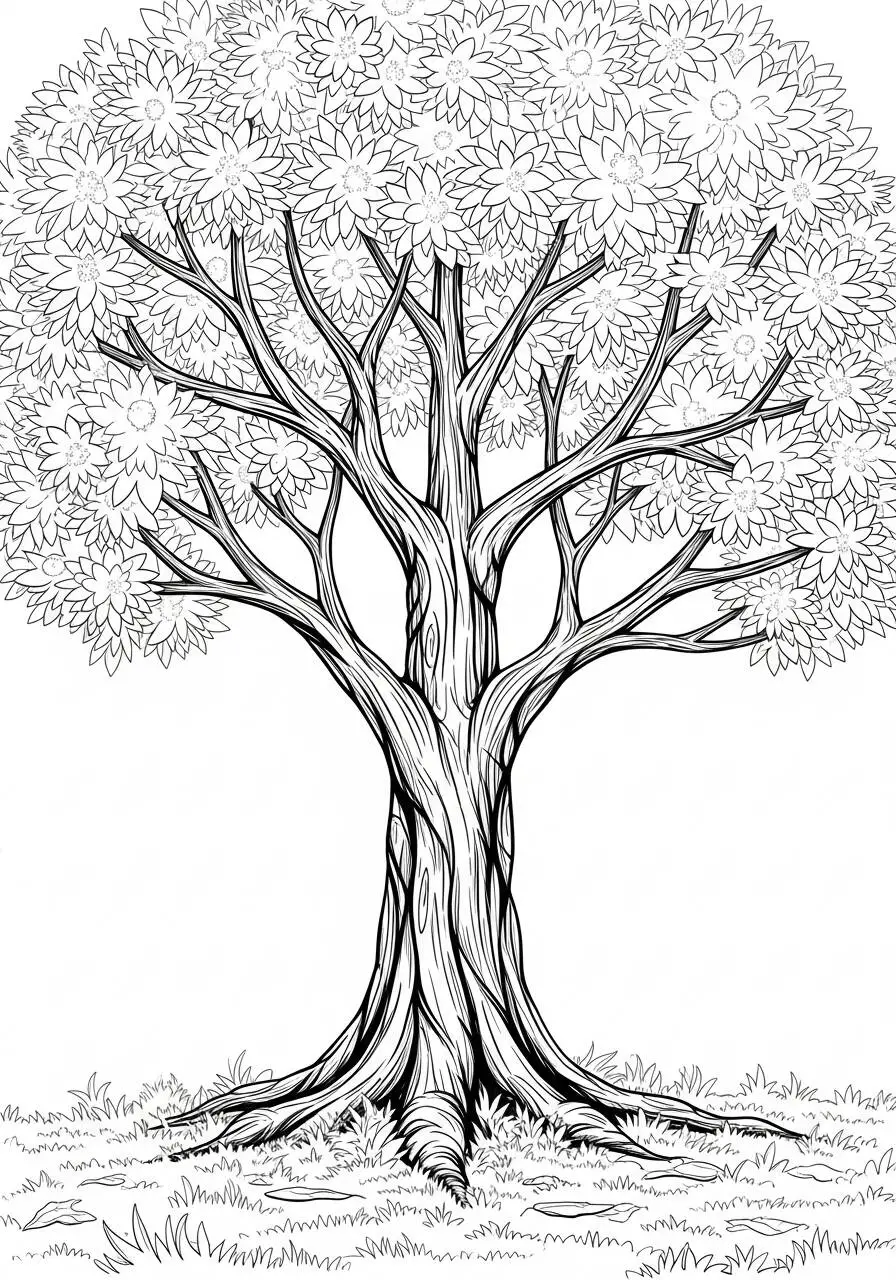 Desenho de Árvore Grande com Folhas Cheias para Colorir