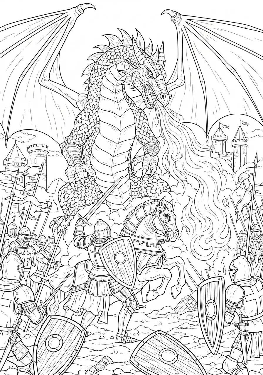 Desenho de Dragão Gigante Cuspindo Fogo em Batalha com Cavaleiros para Colorir