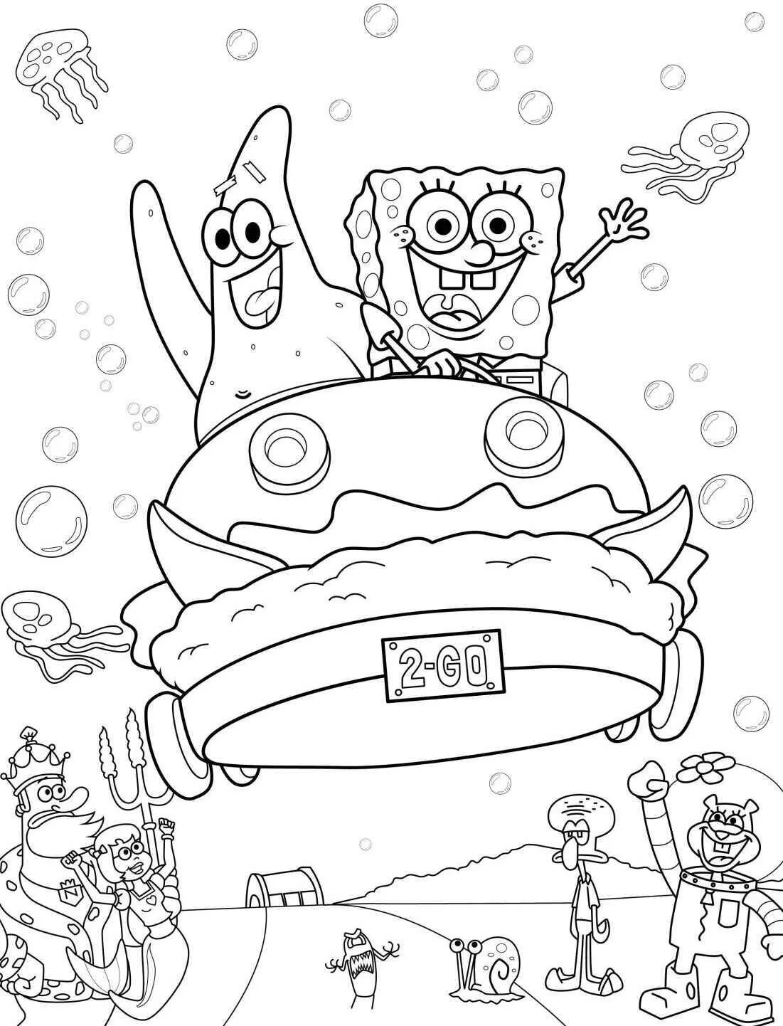 Desenho de Bob Esponja e Patrick no Carro para Colorir