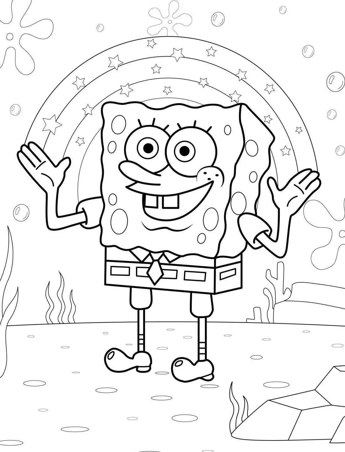 Desenho de Bob Esponja a Acenar com Arco Íris para Colorir