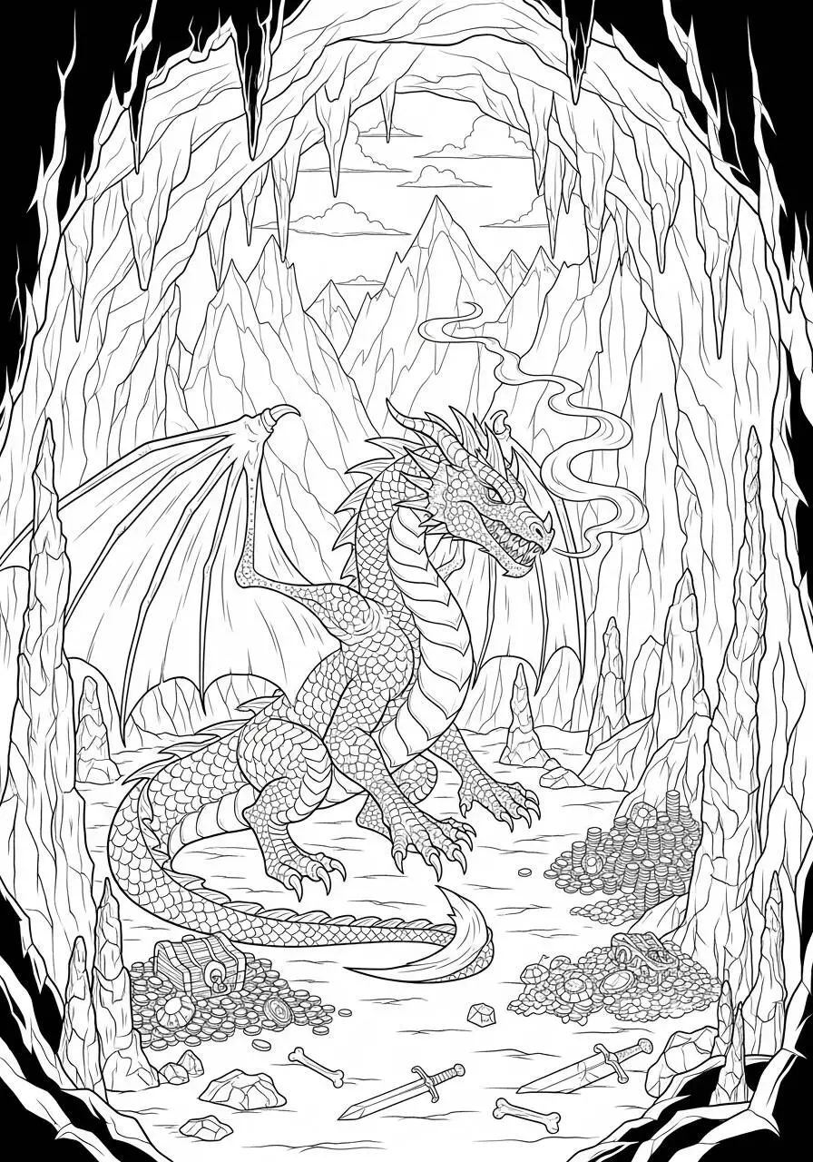 Desenho de Dragão Guardião do Tesouro em Caverna para Colorir