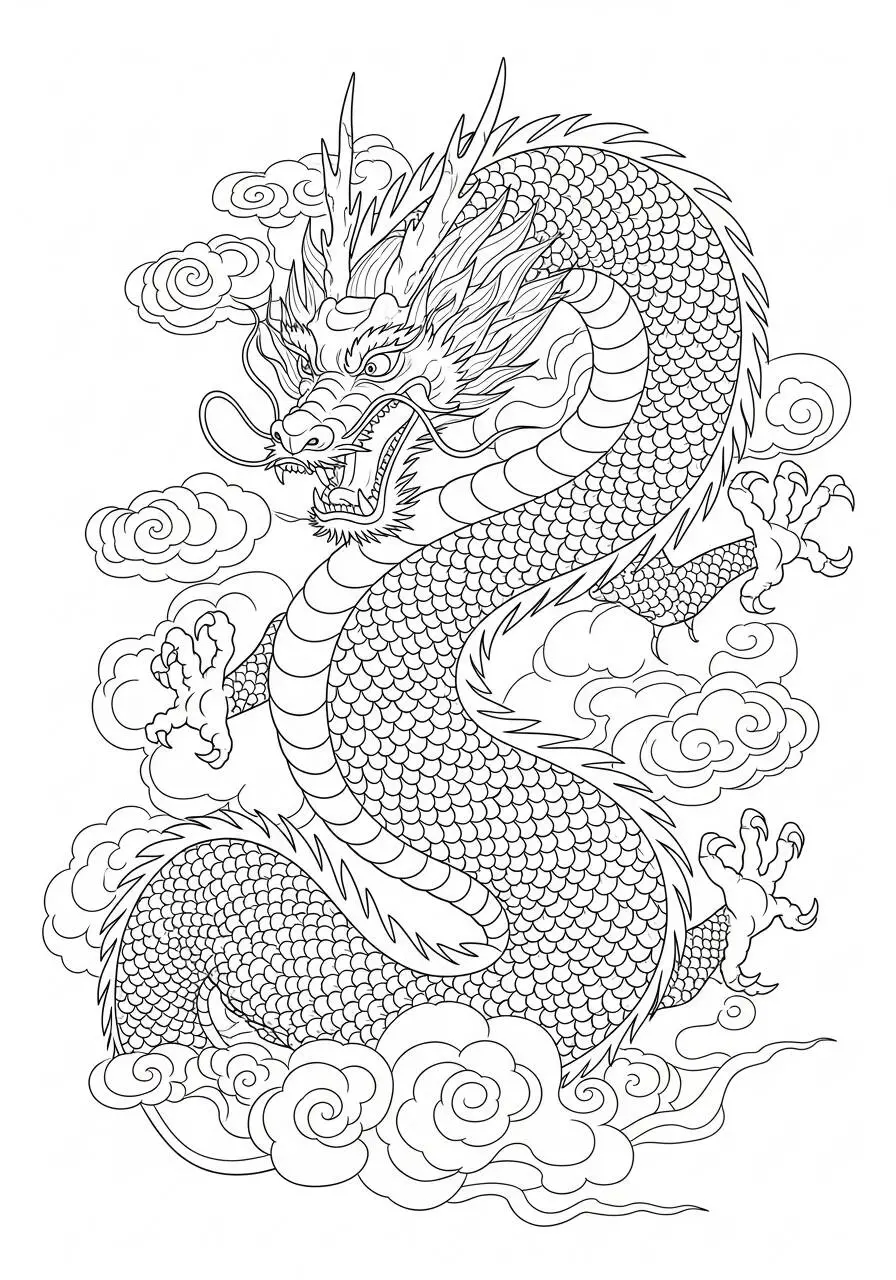 Desenho de Dragão Chinês Enrolado nas Nuvens para Colorir