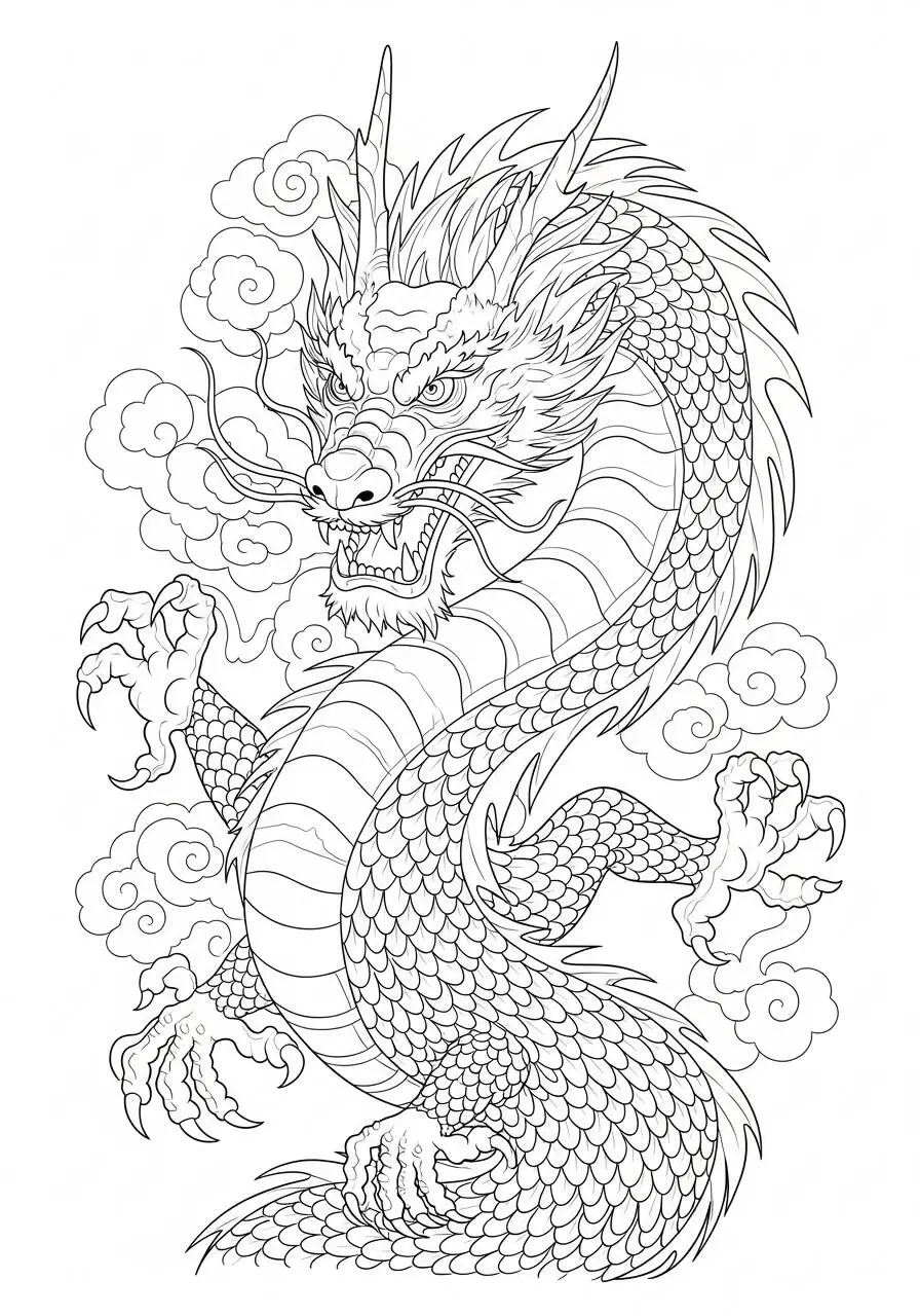 Desenho de Dragão Chinês Enrolado com Nuvens para Colorir