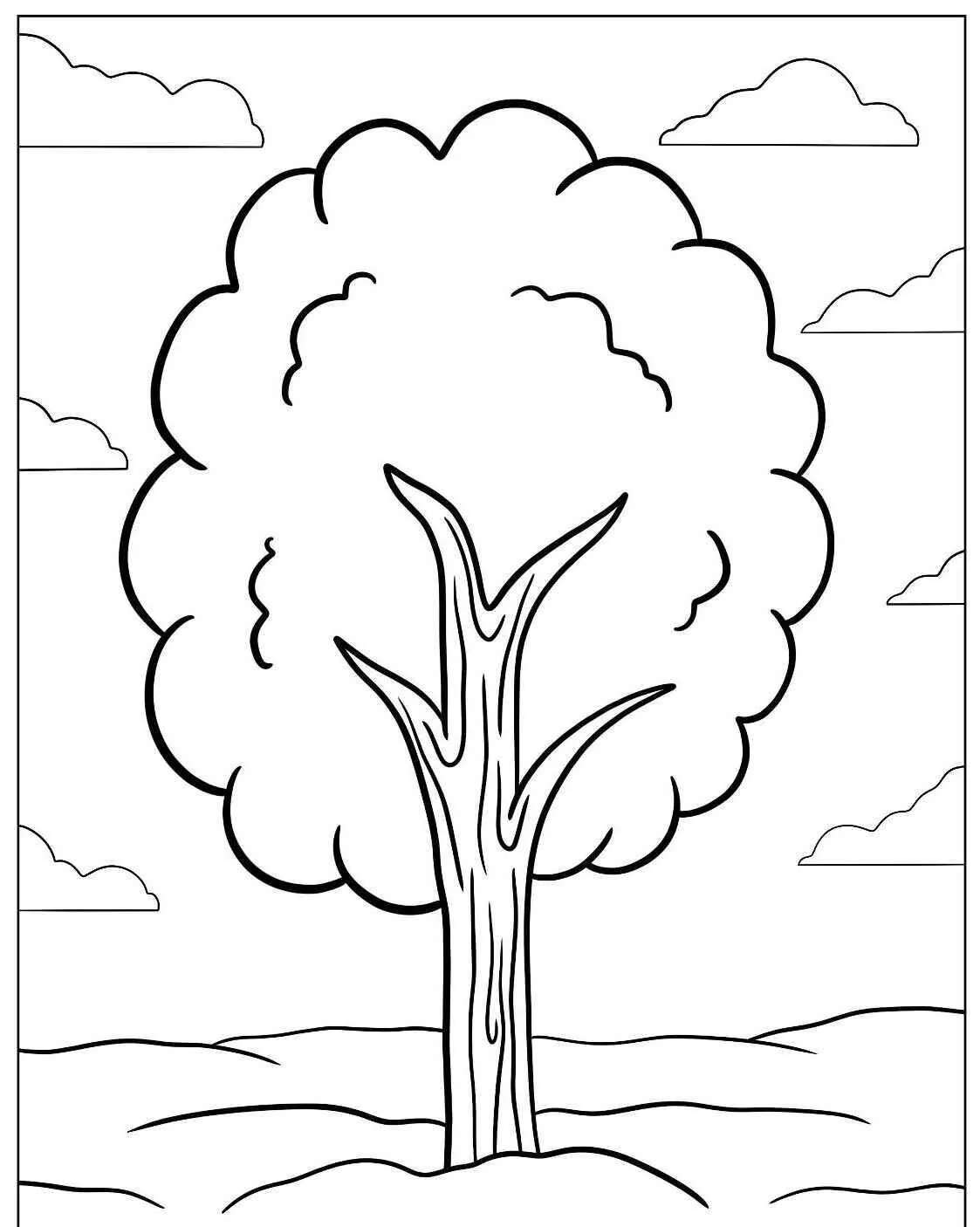 Desenho de Árvore Cheia com Nuvens ao Fundo para Colorir