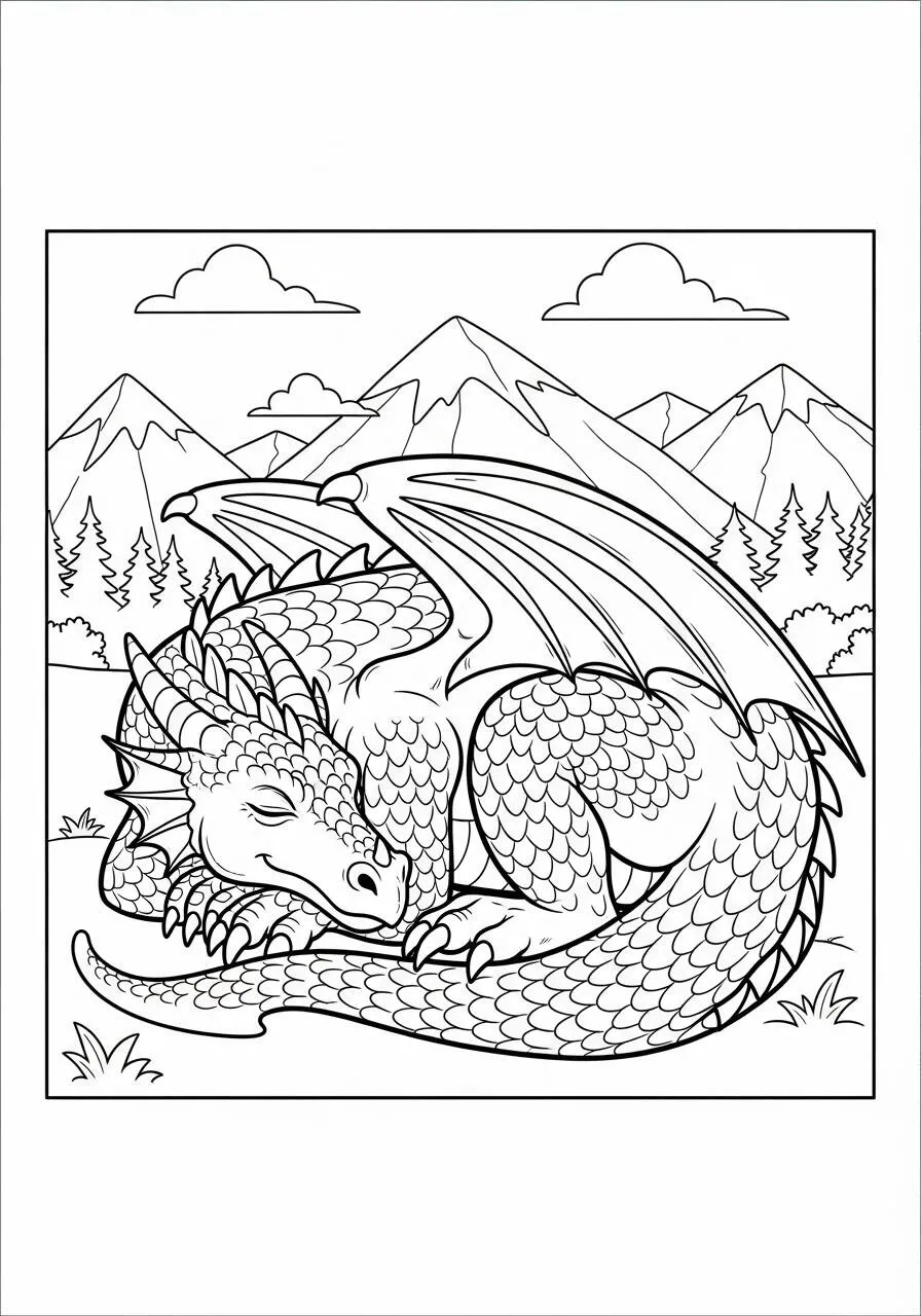 Desenho de Dragão Dormindo em um Vale Montanhoso para Colorir