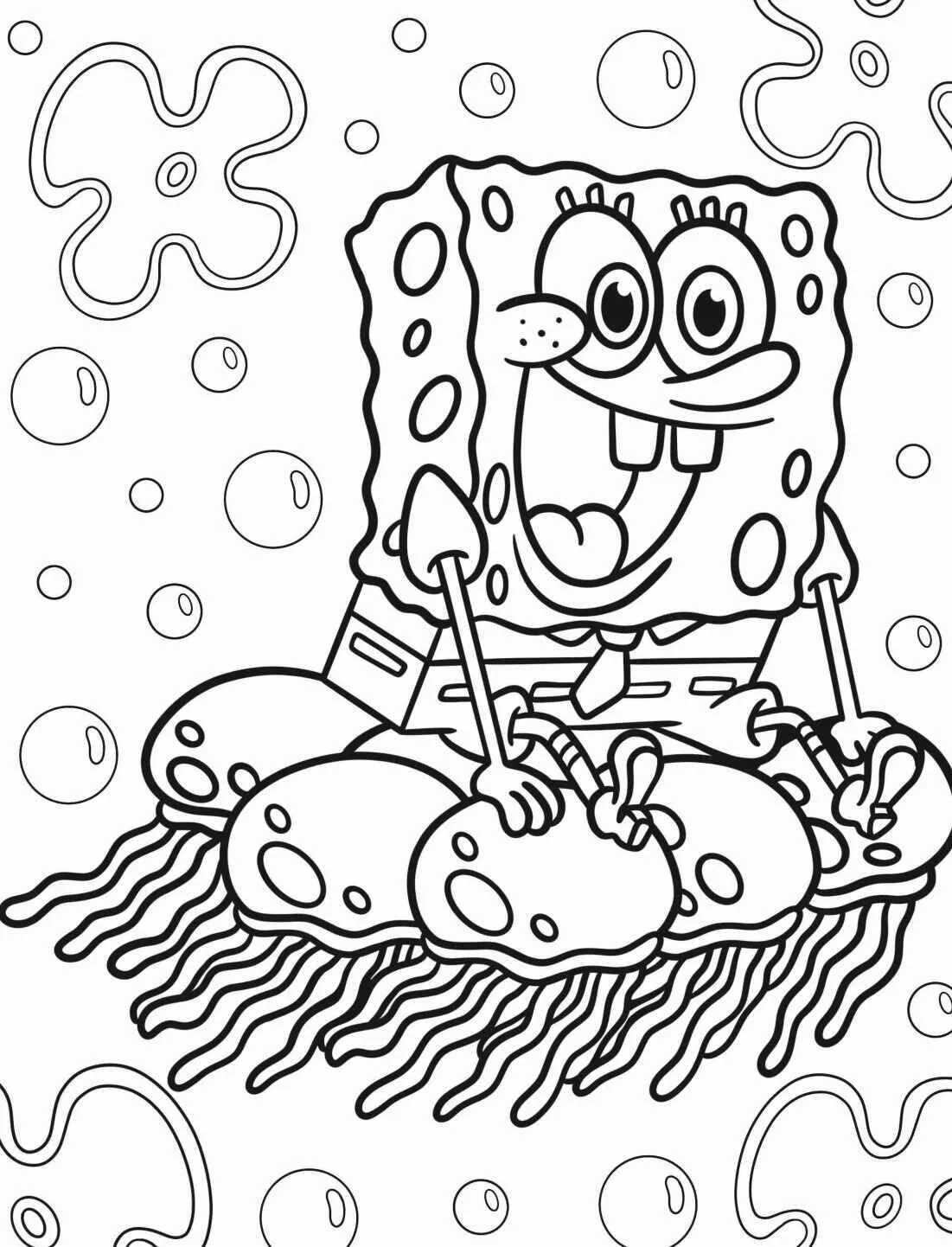 Dibujo para colorear de Bob Esponja jugando con medusas