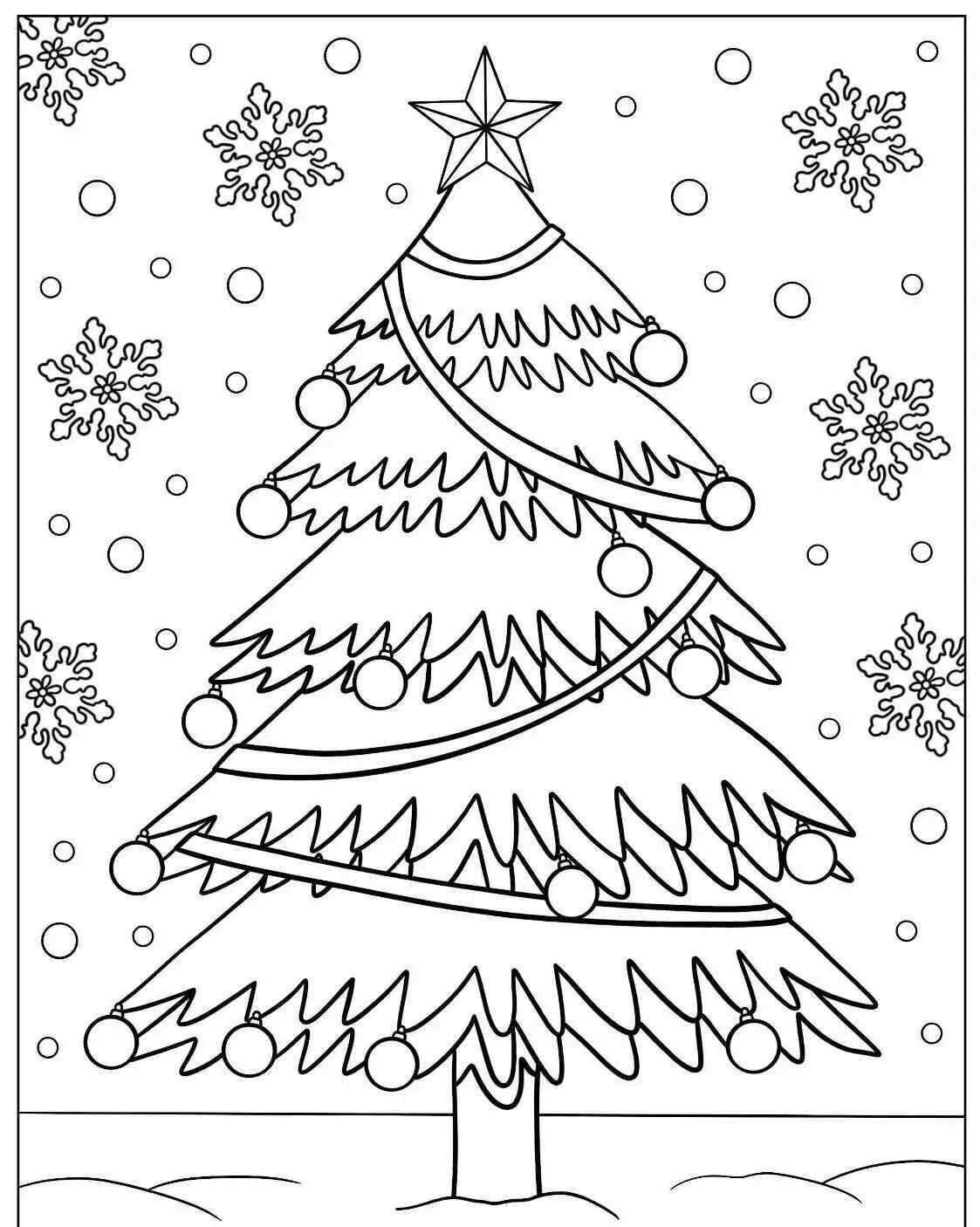 Desenho de Árvore de Natal Decorada com Neve para Colorir