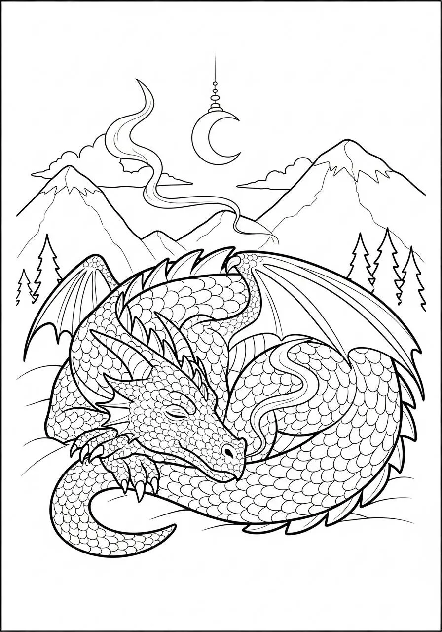 Desenho de Dragão Dormindo em um Vale Montanhoso para Colorir