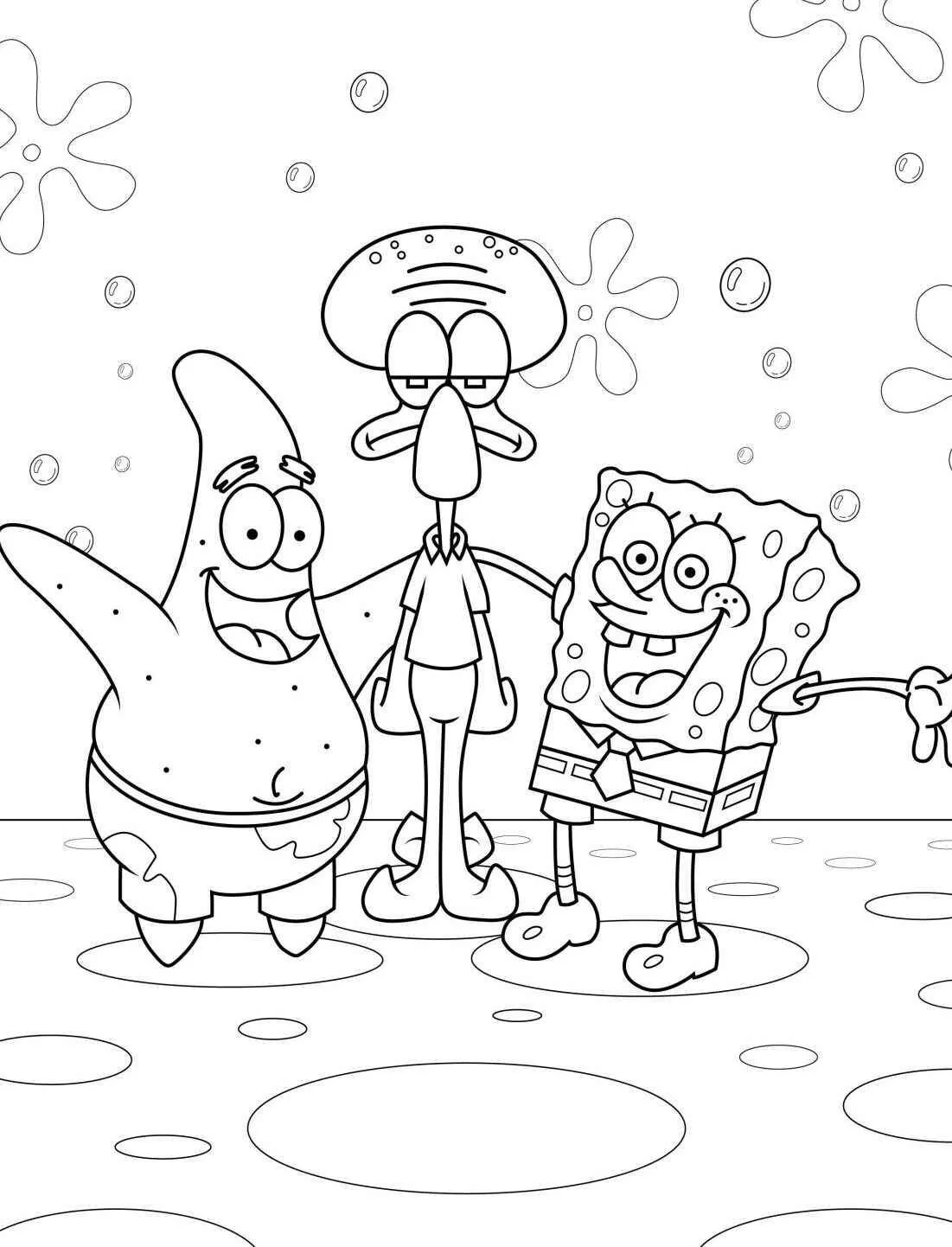 Desenho de Bob Esponja, Patrick e Lula Molusco para Colorir