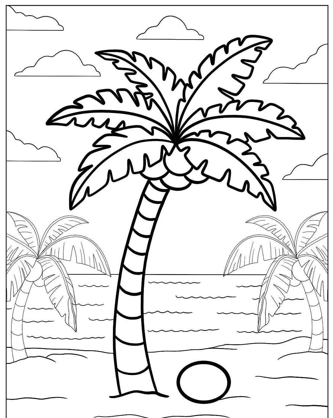 Malvorlage Palme mit Strand und Wolken