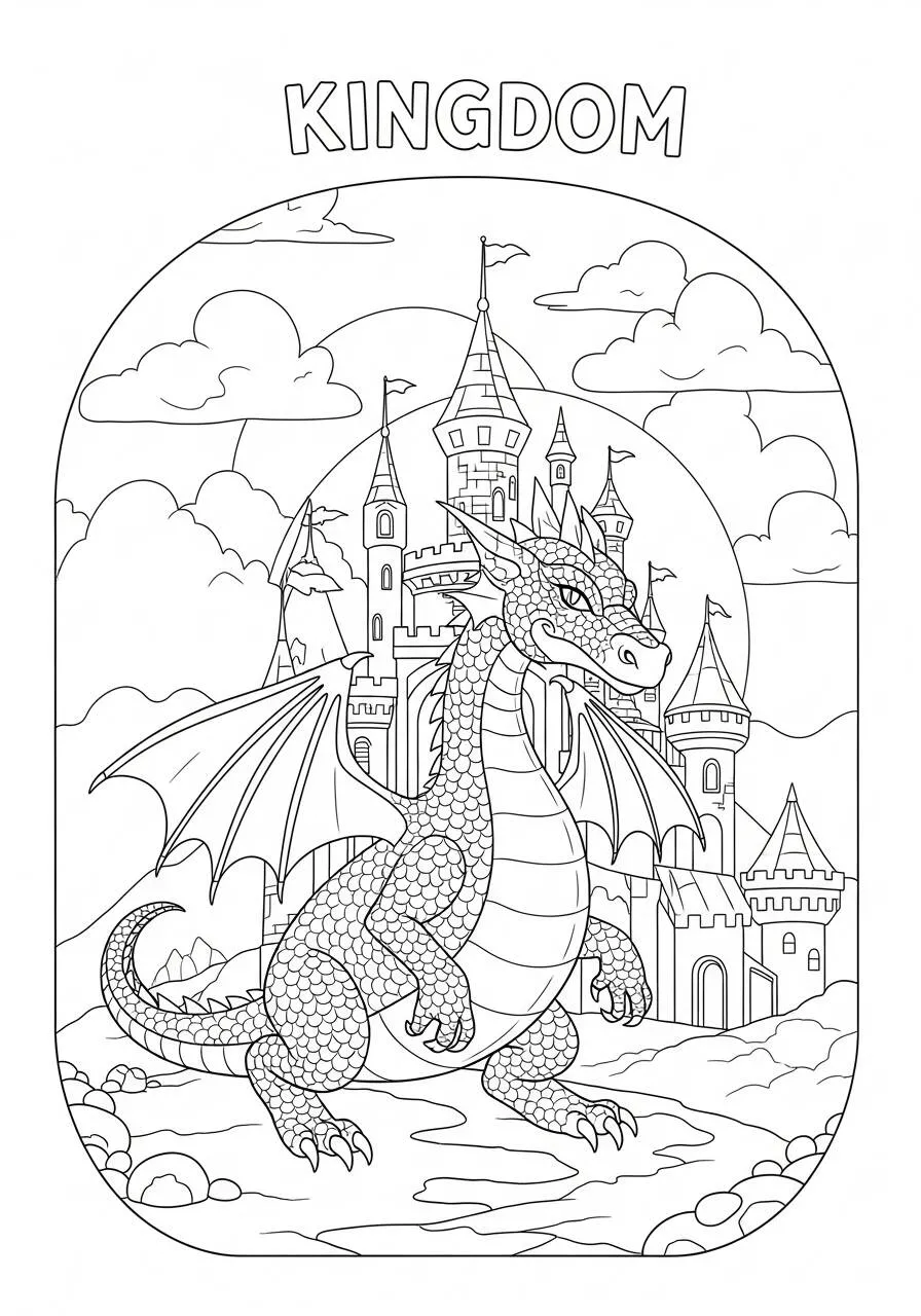 Desenho de Dragão Majestoso em Frente ao Castelo para Colorir