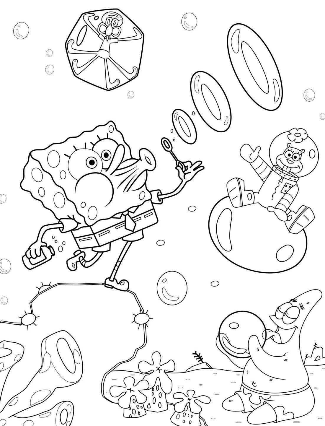 Desenho de Bob Esponja e Patrick Brincando com Bolhas para Colorir