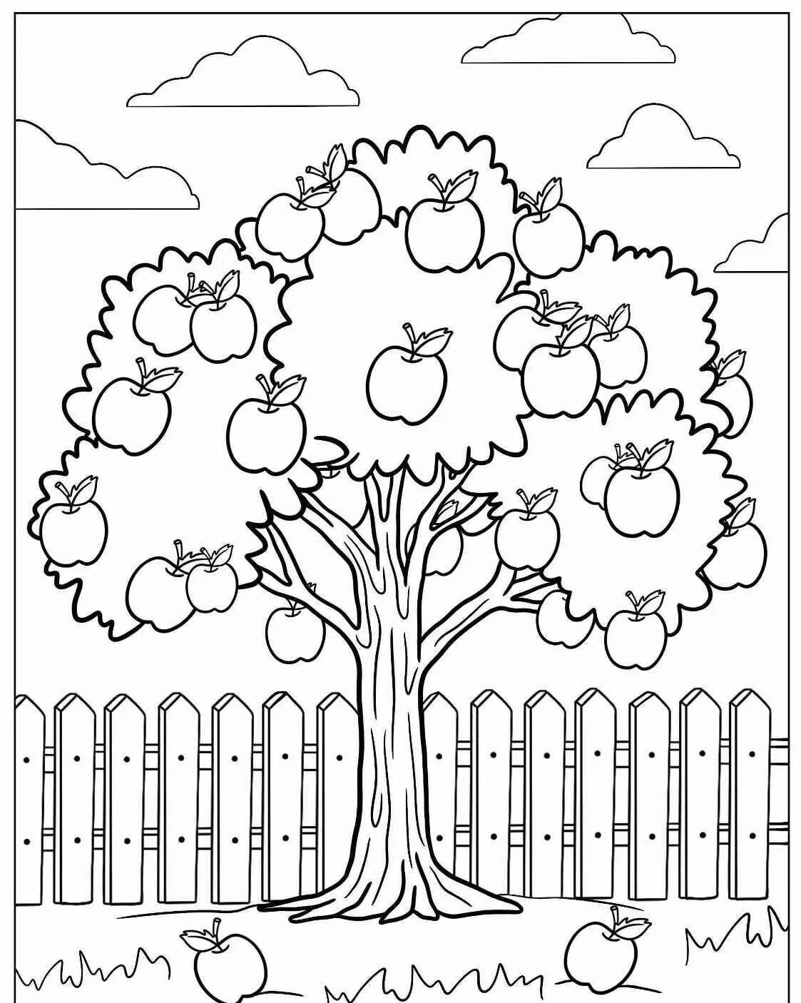 Desenho de Árvore Frutífera com Maçãs para Colorir