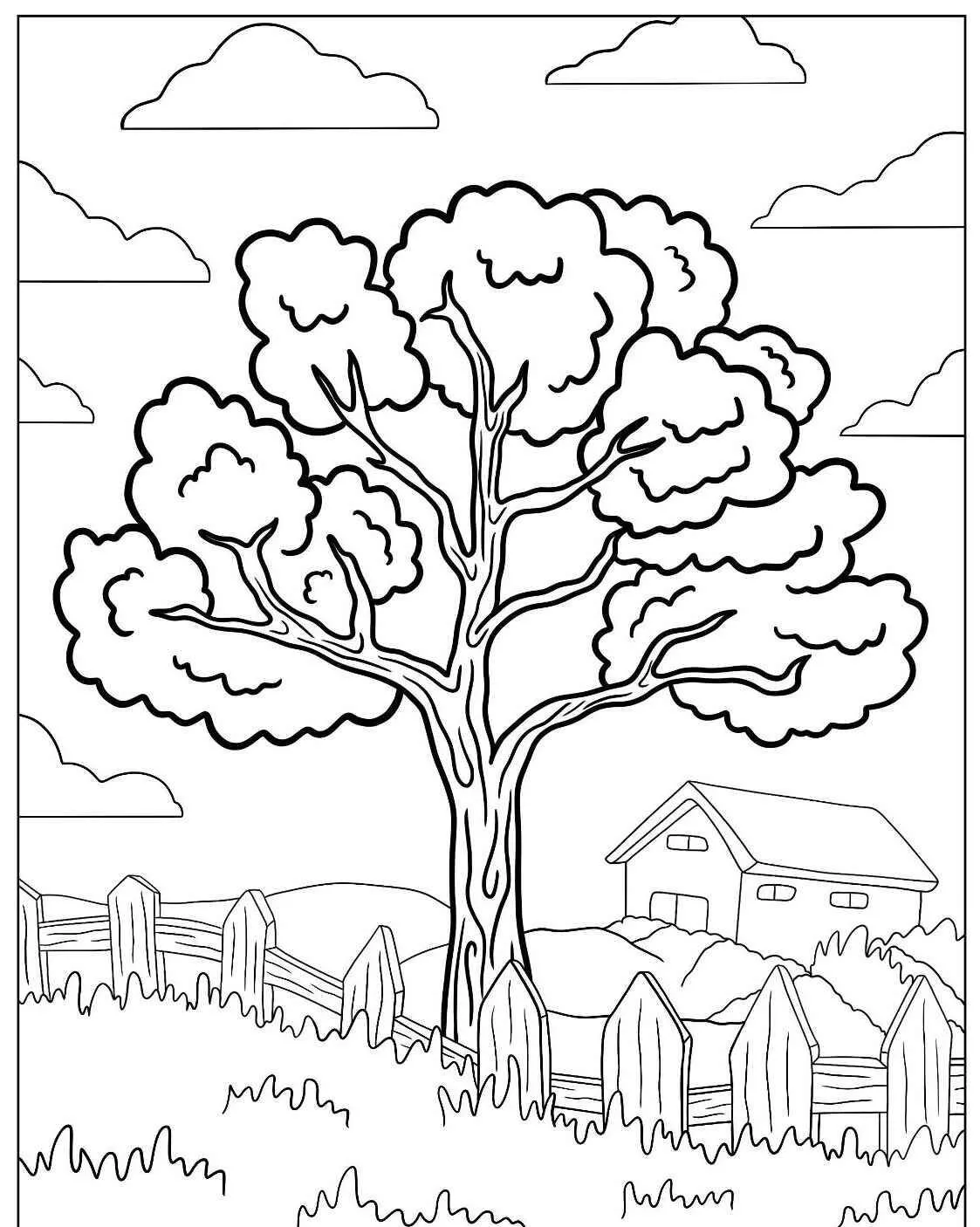 Malvorlagen Großer Baum mit Haus im Hintergrund