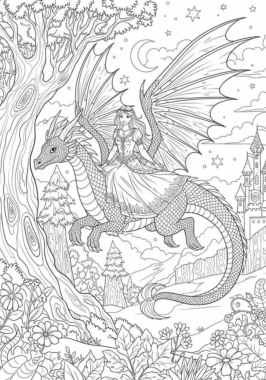 Desenho de Dragão com Princesa Montada em um Castelo Encantado para Colorir