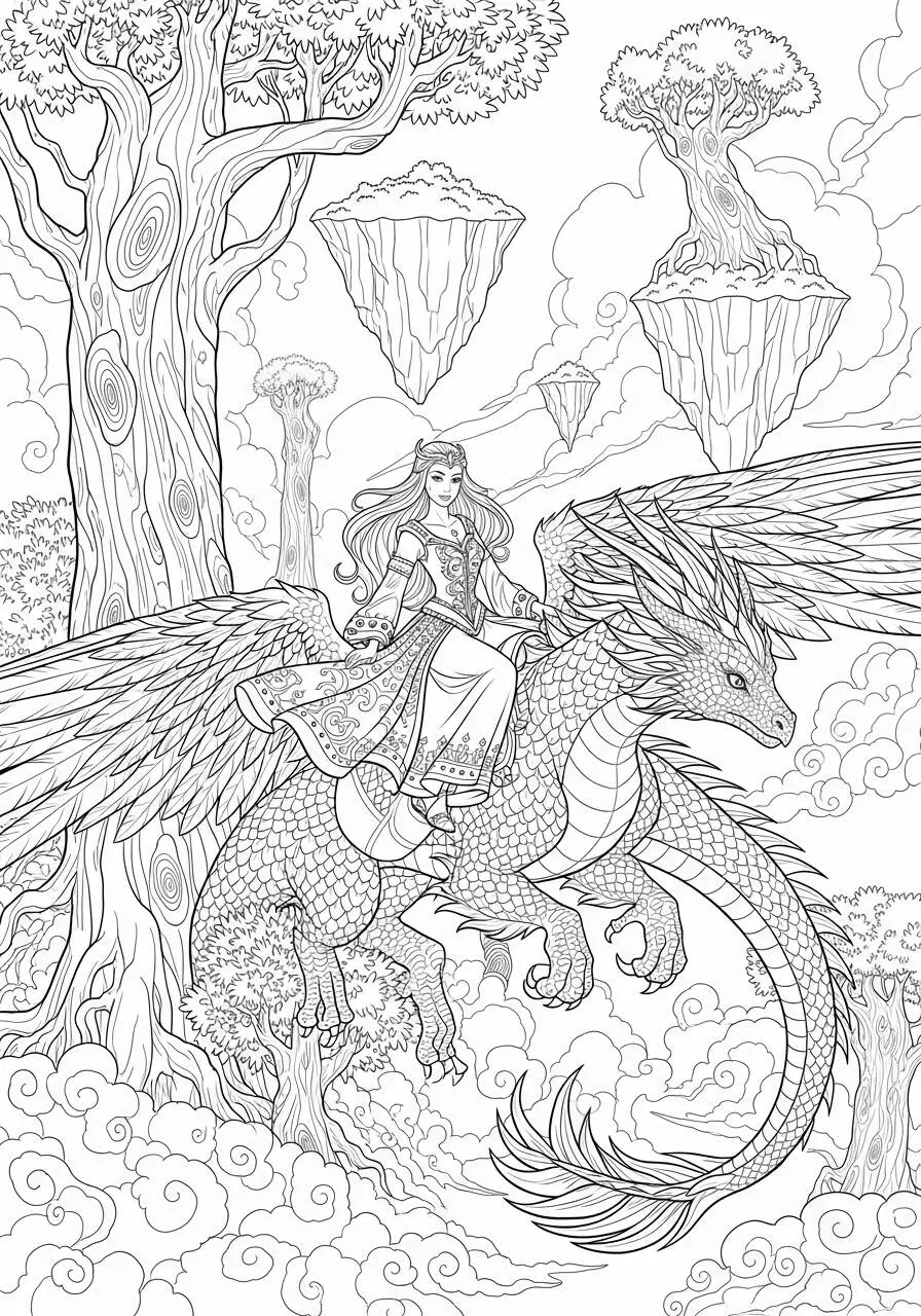 Desenho de Dragão com Rainha nas Nuvens para Colorir