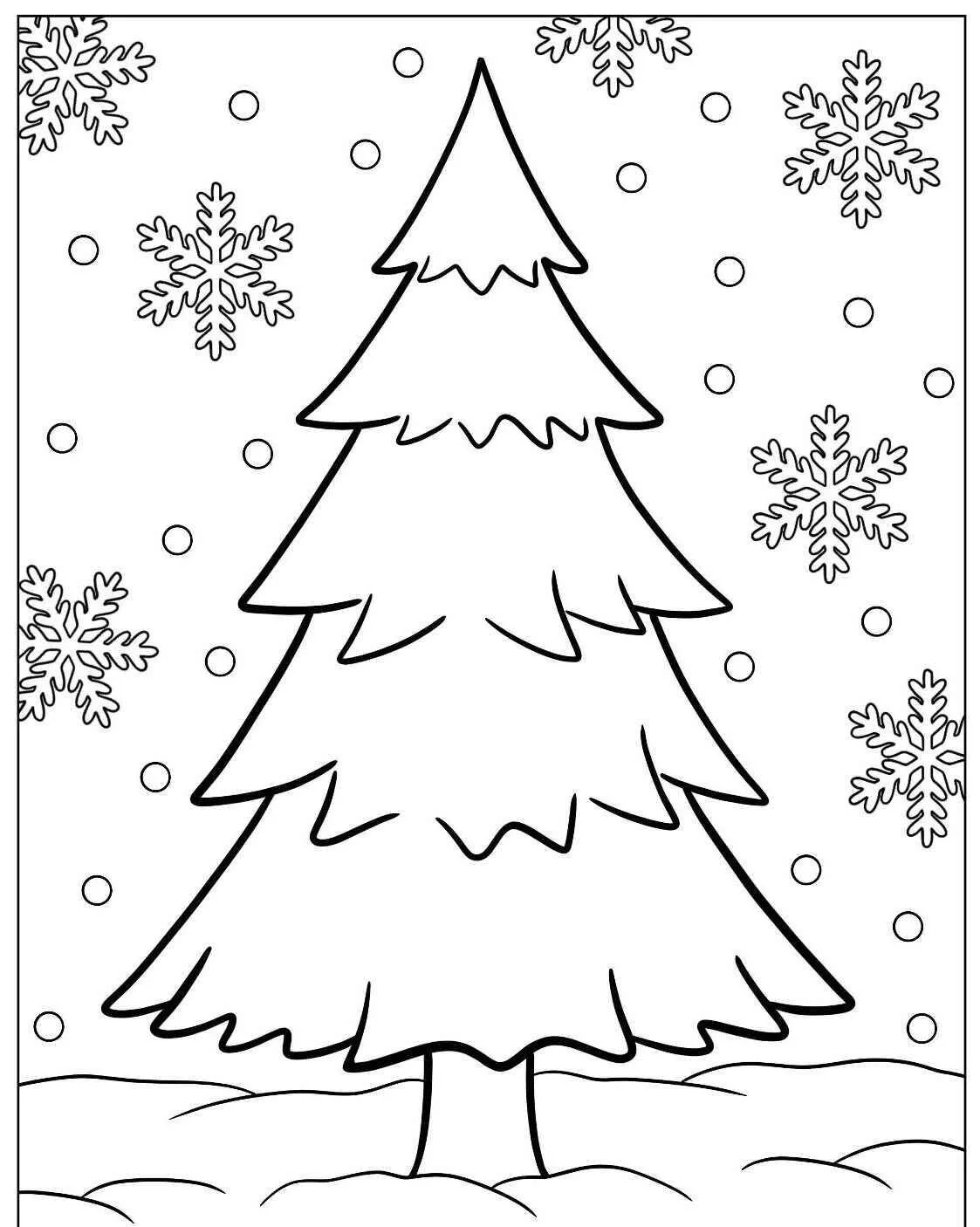 Desenho de Árvore de Natal com Flocos de Neve para Colorir