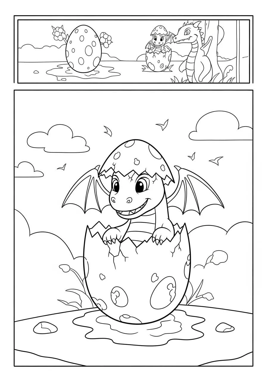 Desenho de Dragão Bebé a Sair do Ovo para Colorir