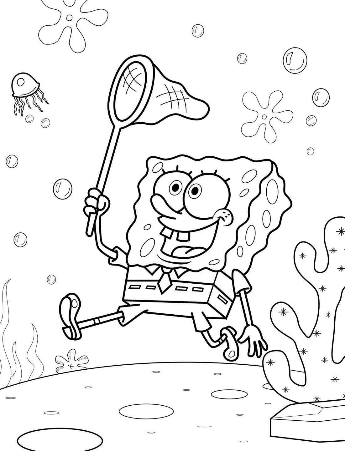 Desenho de Bob Esponja a Caçar Alforrecas para Colorir