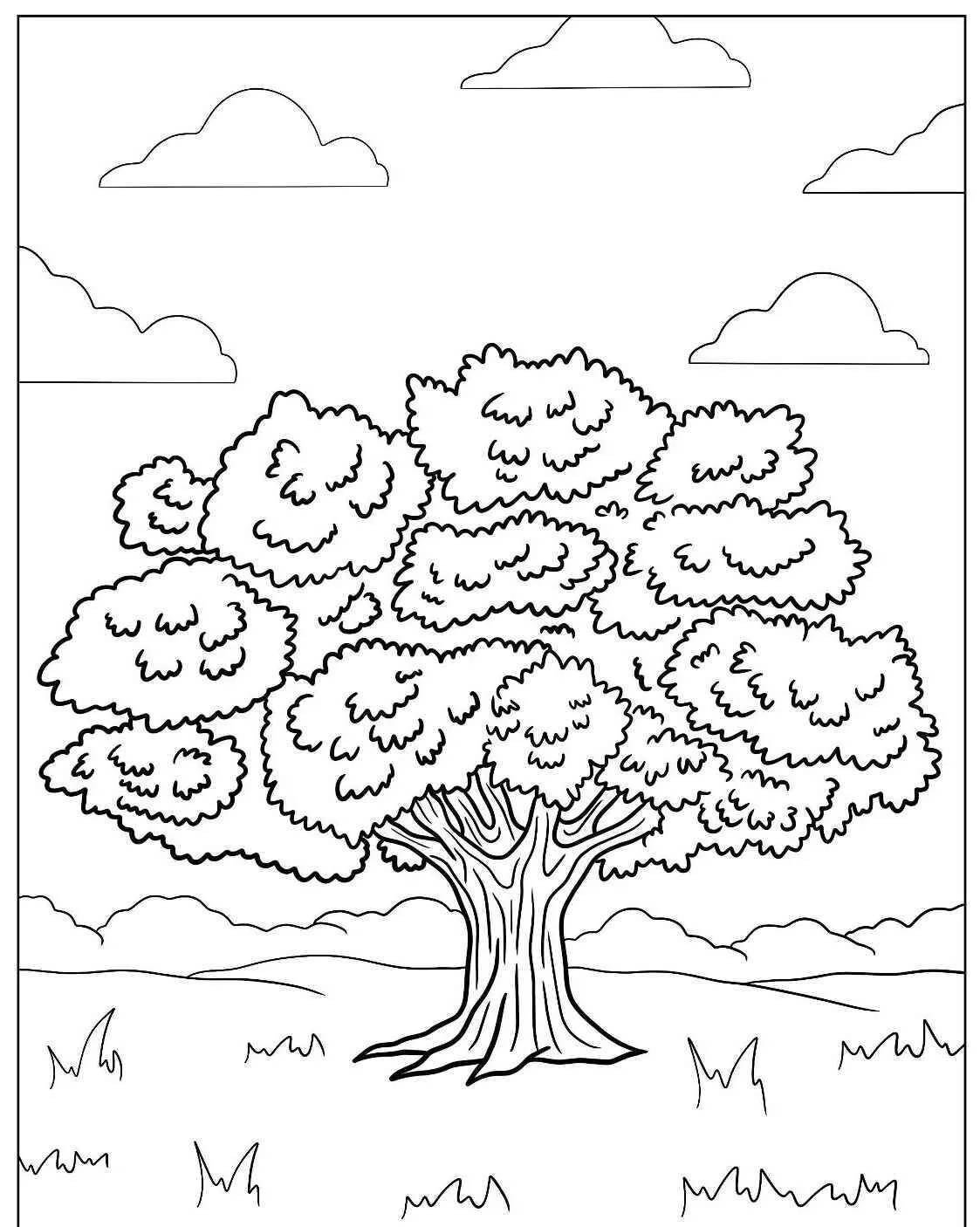 Desenho de Árvore Grande com Folhagem Densa para Colorir