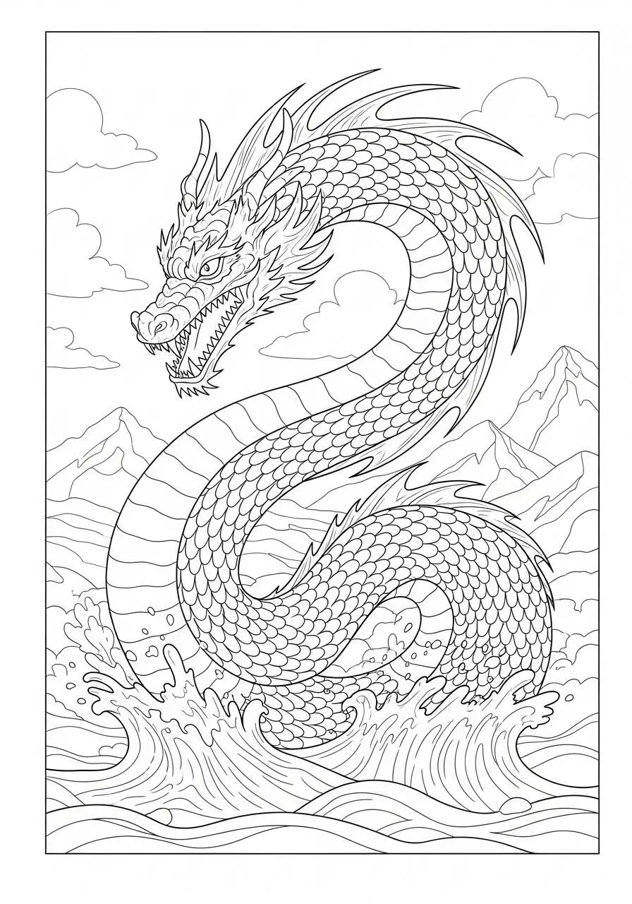 Desenho de Dragão Serpentino Emergindo das Águas para Colorir