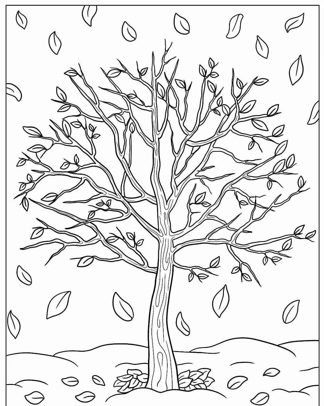 Desenho de Árvore Sem Folhas com Folhas a Cair para Colorir