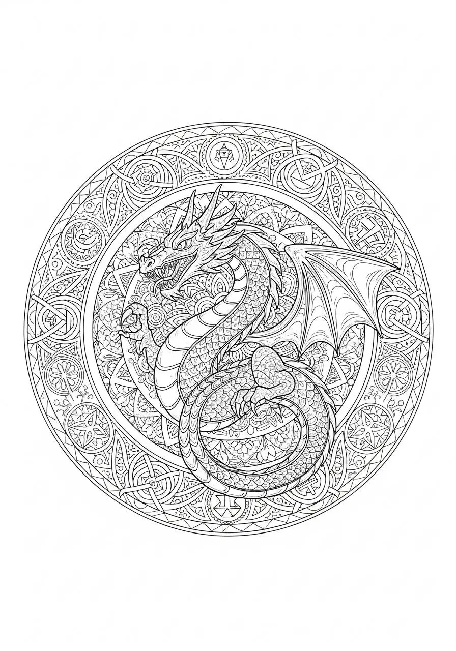 Desenho de Dragão Detalhado em Mandala para Colorir