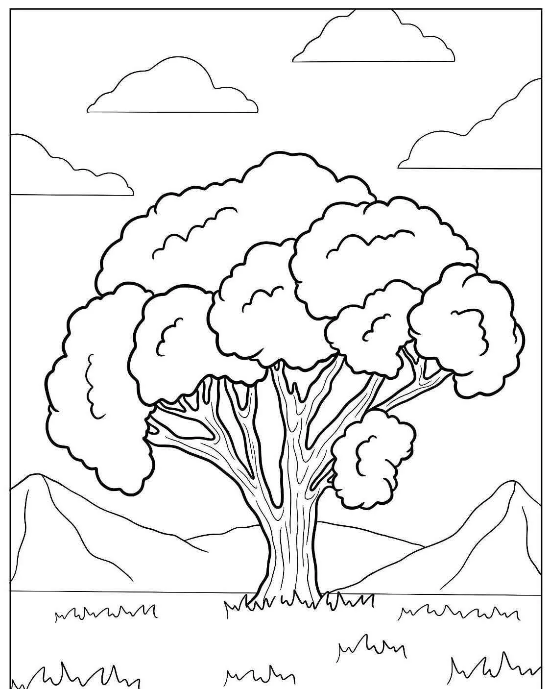 Desenho de Árvore Grande com Folhagem Densa para Colorir