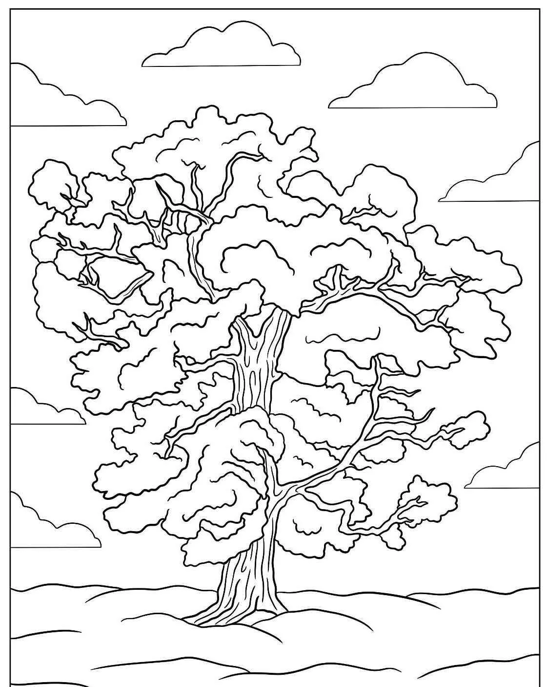 Desenho de Árvore Grande com Folhagem Densa para Colorir