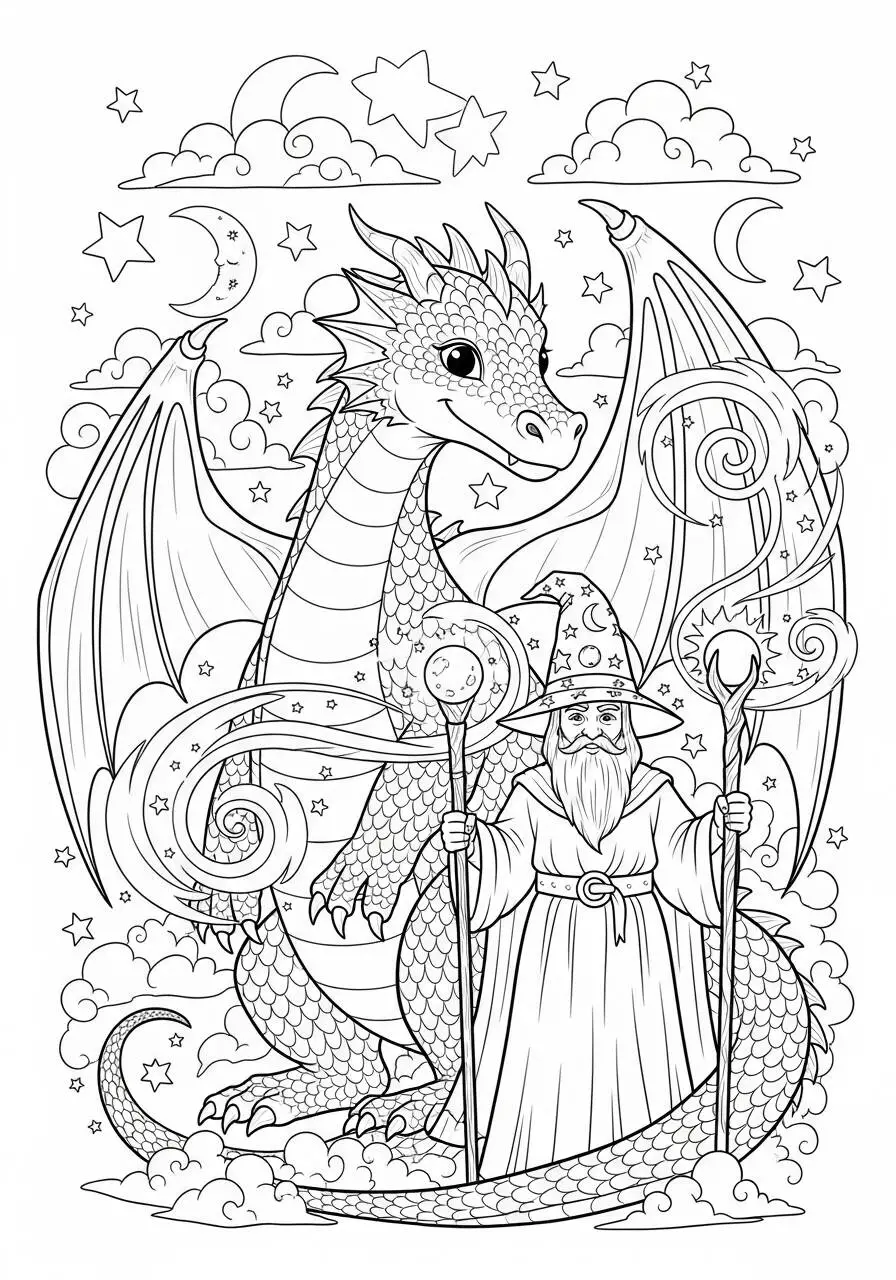 Desenho de Dragão Mágico com Mago em um Mundo Encantado para Colorir