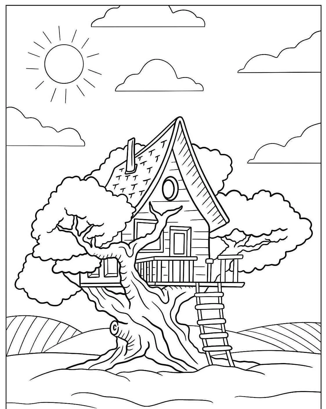 Desenho de Árvore com Casa na Árvore e Céu Ensolarado para Colorir