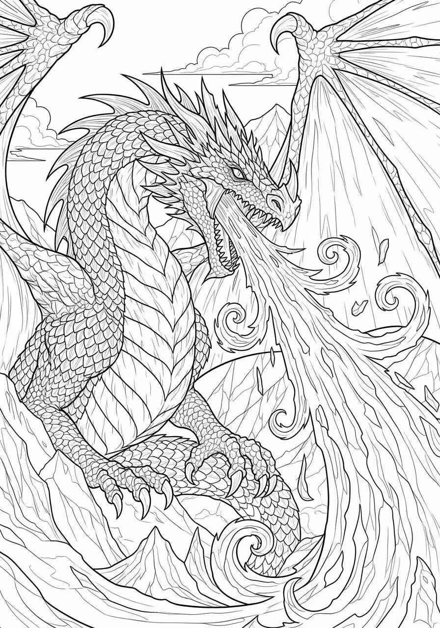 Desenho de Dragão Lendário Cuspindo Fogo nas Montanhas para Colorir
