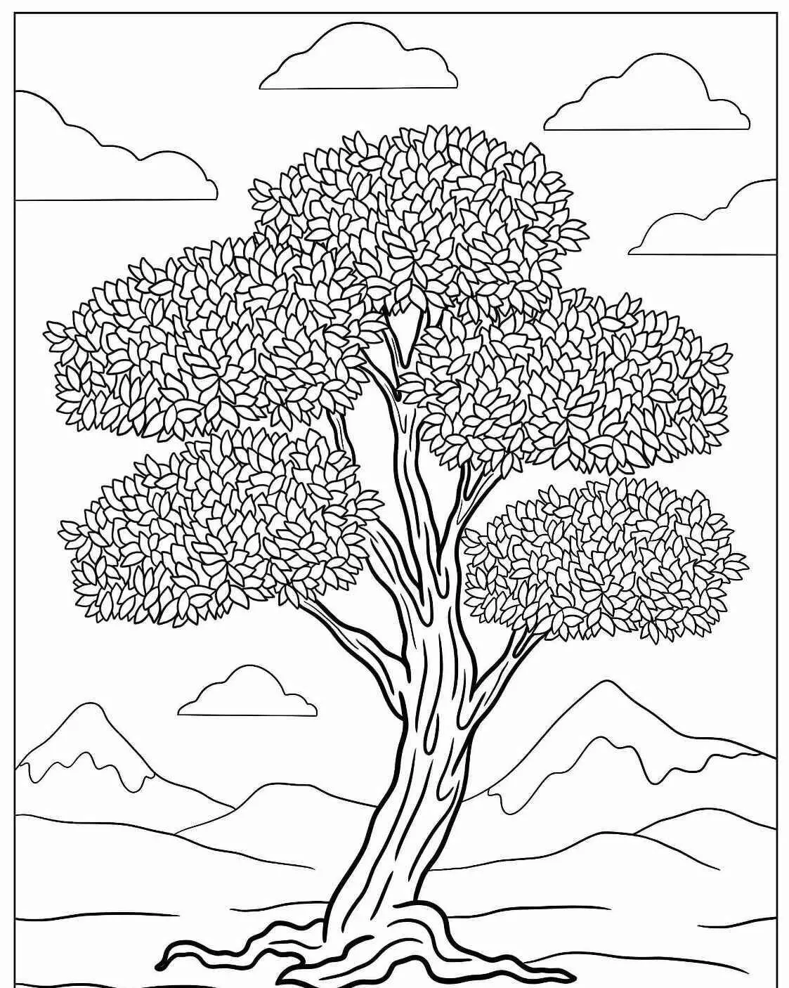 Desenho de Árvore Grande com Folhas Cheias para Colorir