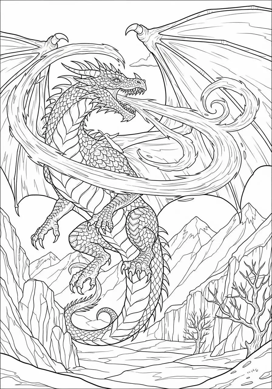 Desenho de Dragão Poderoso Cuspindo Fogo nas Montanhas para Colorir