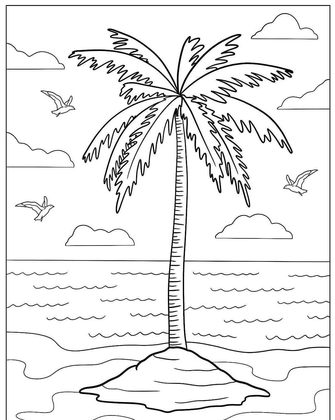 Página para colorear de palmera con cielo y mar