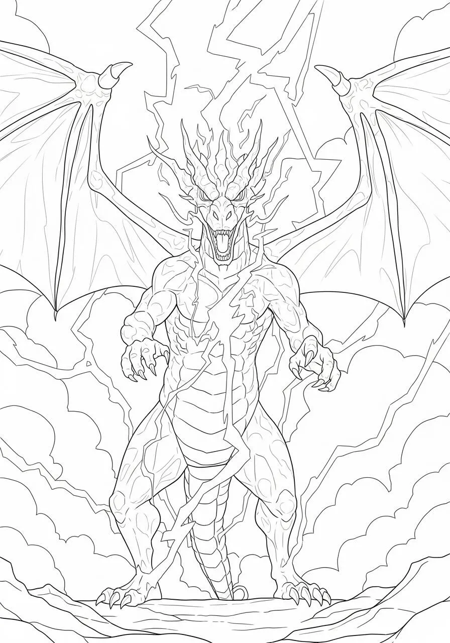 Desenho de Dragão Poderoso com Asas Gigantes e Raios para Colorir