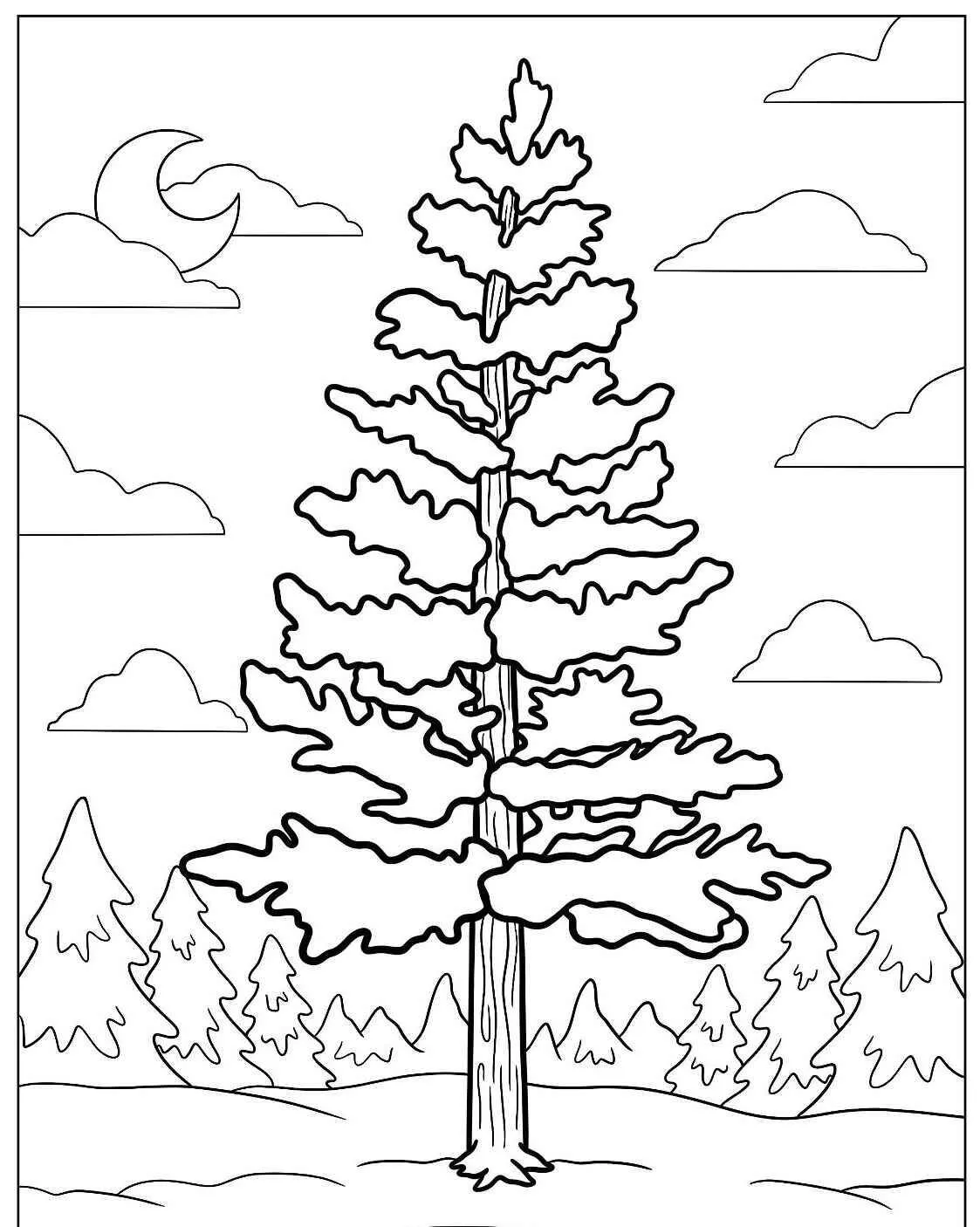 Dibujo de Pino con cielo y nubes para colorear