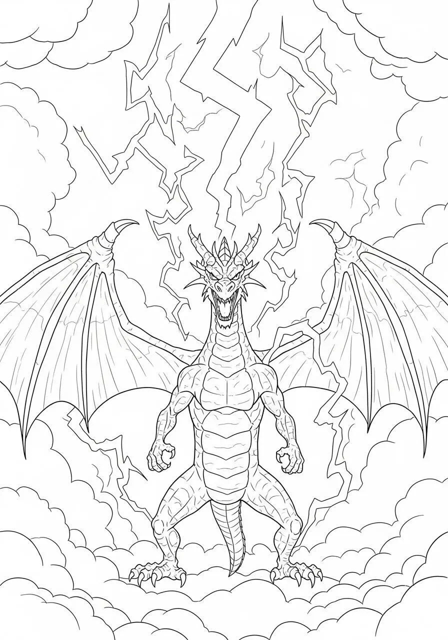 Desenho de Dragão Poderoso com Raios e Nuvens para Colorir
